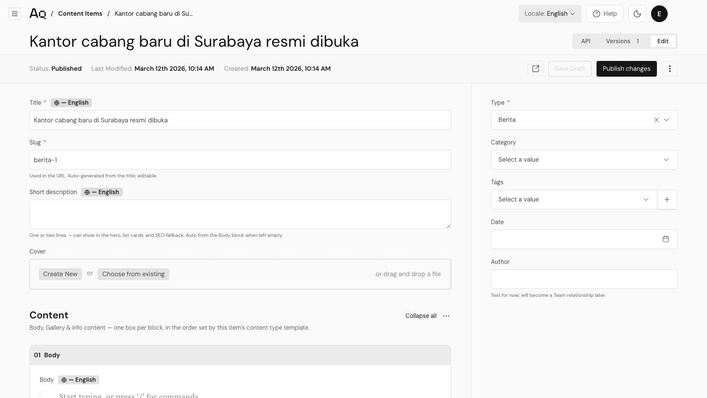 Editor berita memperlihatkan Status, kolom isi di kiri, dan Type di kanan