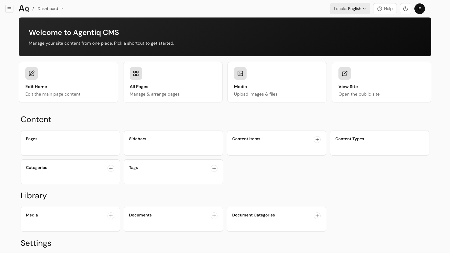 Dasbor CMS dengan pintasan dan daftar bagian