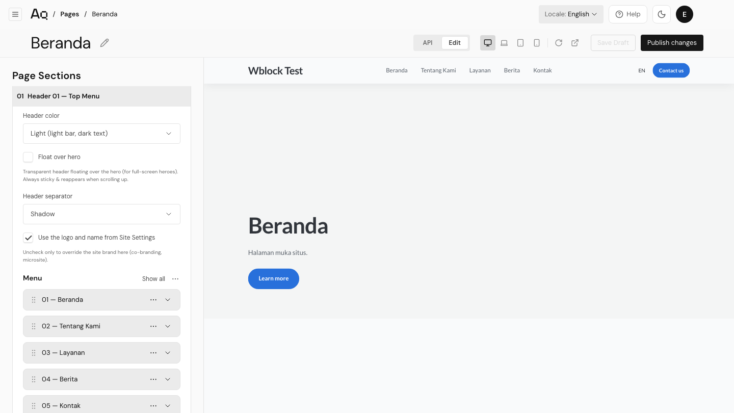 Section Header di halaman Beranda dengan daftar Menu terbuka
