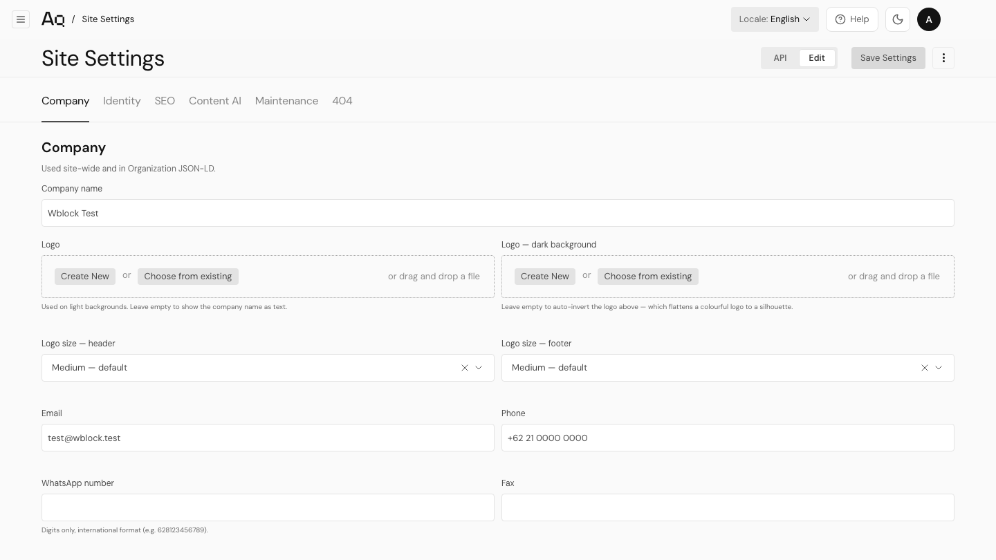 Tab Company di Site Settings, berisi nama perusahaan dan dua kolom logo