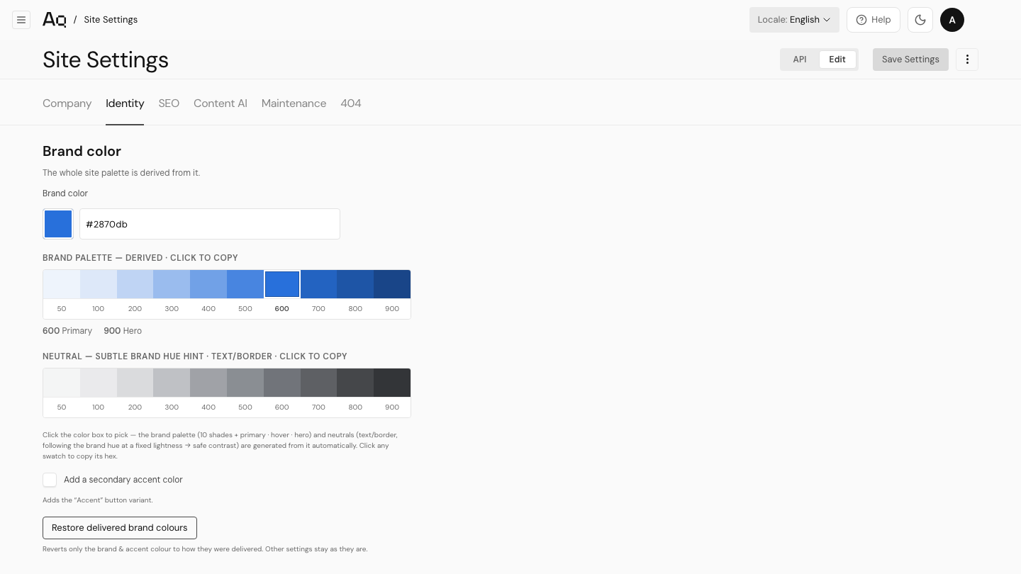 Tab Identity di Site Settings dengan pengaturan warna merek